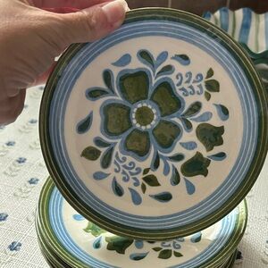 Vintage Floral Ceramic Dessert Plates with Blue and Green pattern. Set of 8